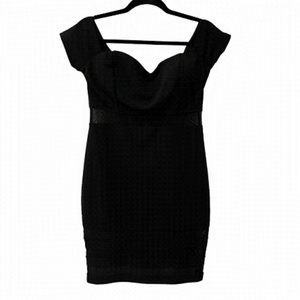 Justify black dress with mesh on middle of dress and on bottom. size large